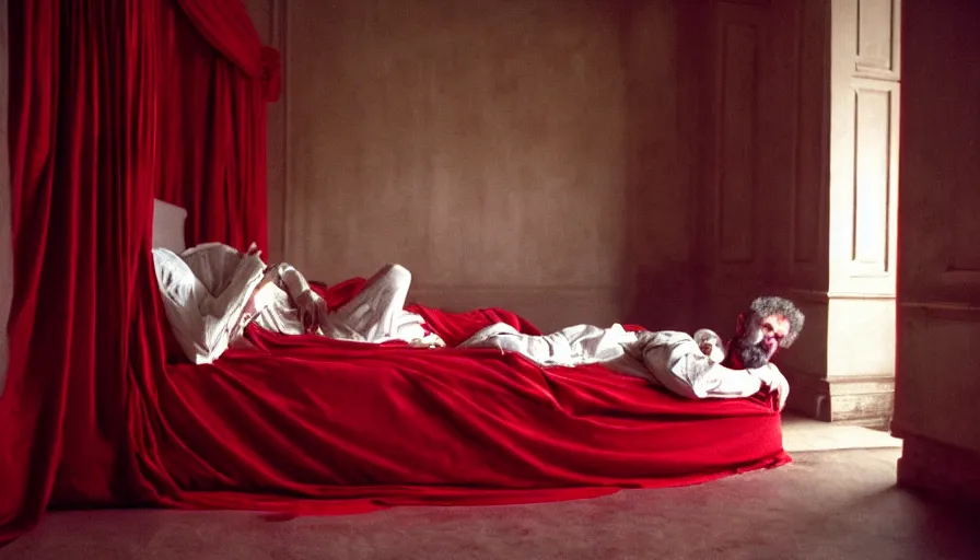 Prompt: movie still of marcus aurelius, skinny, ill, in his bed with red drapery in a ancient room with columns, cinestill 8 0 0 t 3 5 mm, high quality, heavy grain, high detail, cinematic composition, dramatic light, anamorphic, ultra wide lens, hyperrealistic