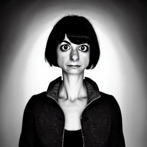 Image similar to symmetrical, portrait of cyberpunk kate micucci, scowling, studio lighting, depth of field, photography, black and white, highly detailed