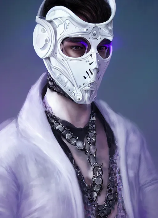 Prompt: a handsome male cyborg with a white techwear mask, purple garment with art nouveau ivory accessories, dressed in black intricate lace and jewels, ethereal, misty, cyberpunk, darksynth, luxury, concept art by zeen chin, extremely detailed, artstation, andree wallin, edvige faini, alphonse mucha, 8 k, unreal engine 5