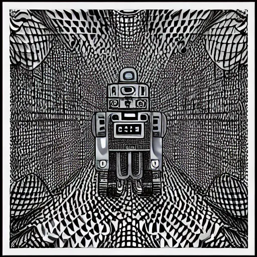 Image similar to “geometrically incomprehensible surreal order of robot factory, extremely high detail, photorealistic, intricate line drawings, dotart, album art in the style of James Jean”