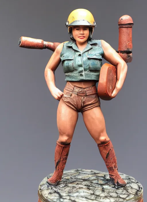 Prompt: 80mm resin detailed miniature of a very Muscular miner woman, sleeveless shirts, helmet, stomach, navel, boots, Logo, textured base; Product Introduction Photos, 4K, view from front