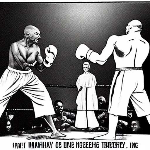 Prompt: Mahatma Gandhi boxing Mike Tyson in a boxing ring, highly detailed