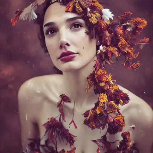 Image similar to fine art photo of the beauty gal gadot, she has a crown and a dress made of dried flowers done by oleg oprisco