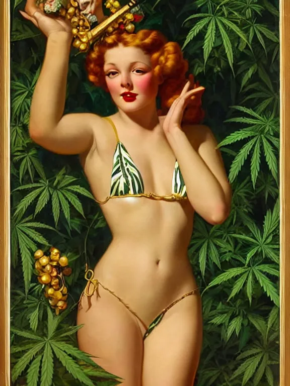 Image similar to The goddess Mary Jane in a bikini made of marijuana, a beautiful art nouveau portrait by Gil elvgren, lush jungle environment, centered composition, defined features, golden ratio, golden jewelry