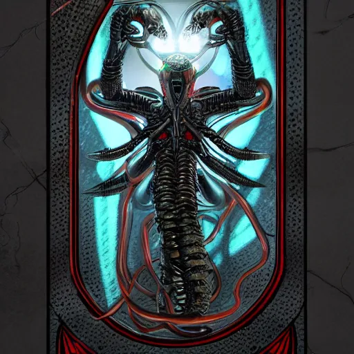 Prompt: aliens xenomorph tarot card death photorealistic cinematic lighting, in the style of disco diffusion, unreal engine 5 highly detailed octane render