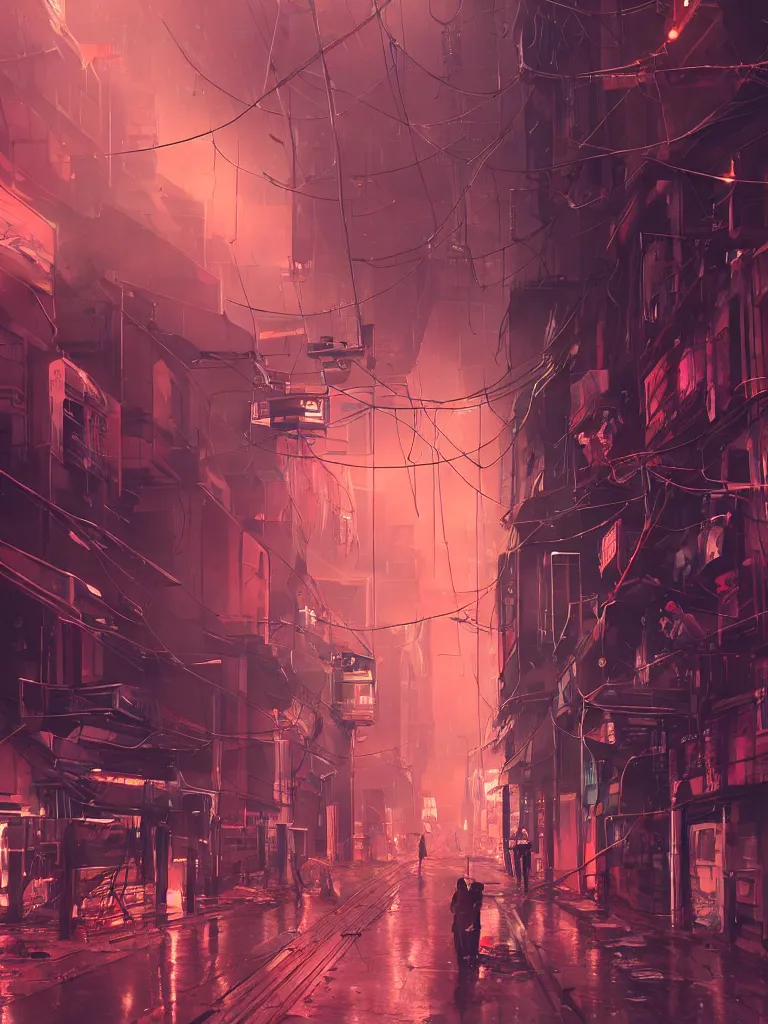 Prompt: neonpunk street, hanging cables, narrow, garbage on the ground. rain. fog, haze, evening. led screens. golden hour. volumetric lighting. cables on the ground. very messy. futuristic. photorealistic. artstation. anime. studio gimbli style