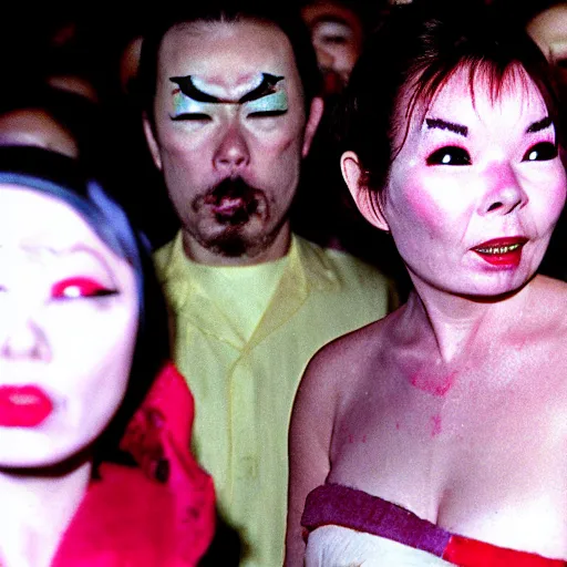 Image similar to Street photography, Bjork, a close up of several people leaving a seedy nightclub at 5am, they are smoking, someone is screaming, Kabuki makeup, Kodachrome