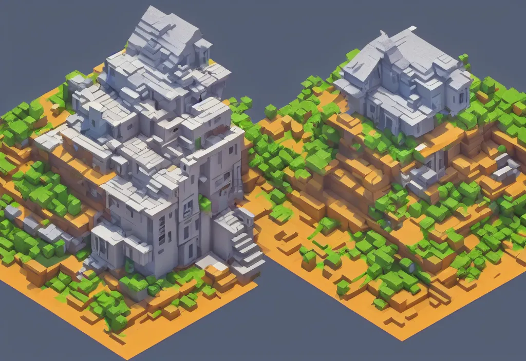 Image similar to isometric house on a mountain top magicavoxel cinematic lighting, 4k