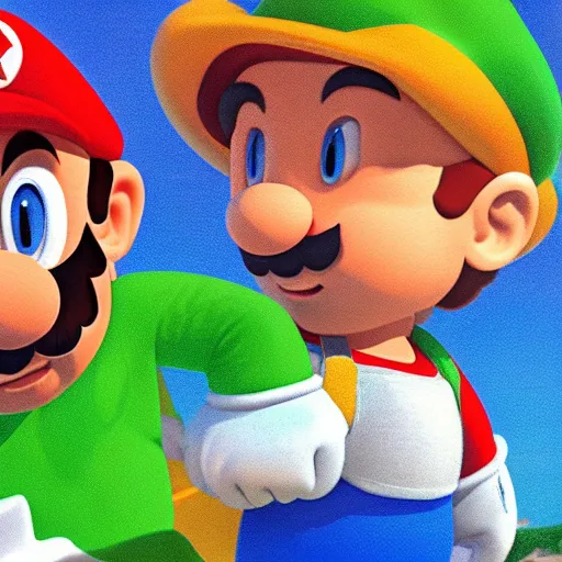 Prompt: yearbook photo of Mario and Luigi summer beach smiling