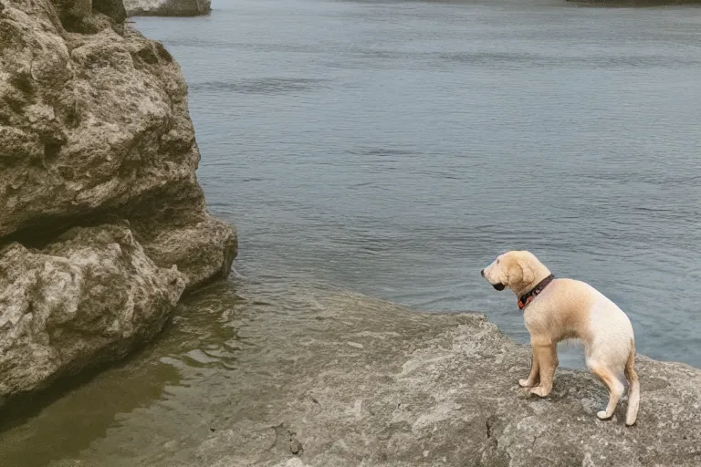 Image similar to a puppy is looking directly at the water below them while they stand at an edge