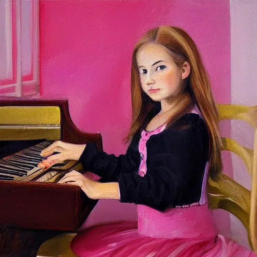 Prompt: highly detailed painting of young russian girl playing a pink keyboard with a cup of tea, realistic,