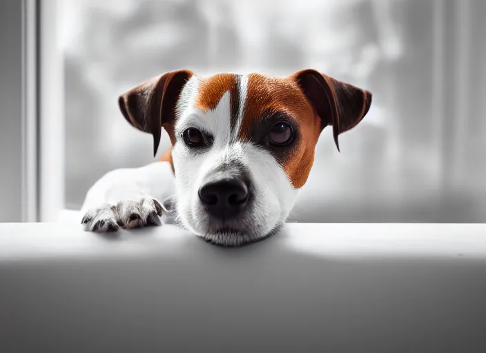 Image similar to photography of a Jack Russel . watching outside the window. on a bed. in a white room. octane render,volumetric light, volumetric fog, photorealistic,, award winning photo, 100mm, sharp, cloth, high res