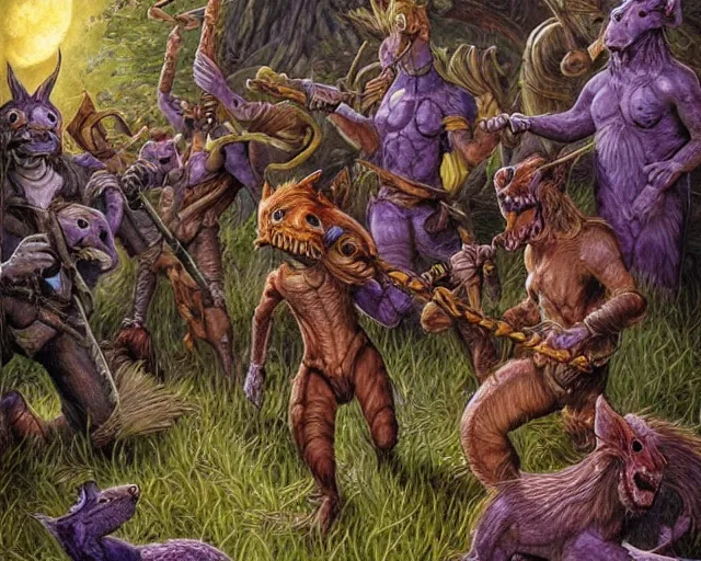 Image similar to Fantasy illustration by Clyde Caldwell - The pack of kobolds is crouched in a circle. They are snivelling canid humanoids, with scales of rust, and they carry spears. Their leader, a matronly female with numerous tattoos, kneels in the center of the circle and gathers the pulsing purple moss. She has a spear, but it lies across her lap. The kobolds chatter to one another, and you hear the word “food” uttered more than once.