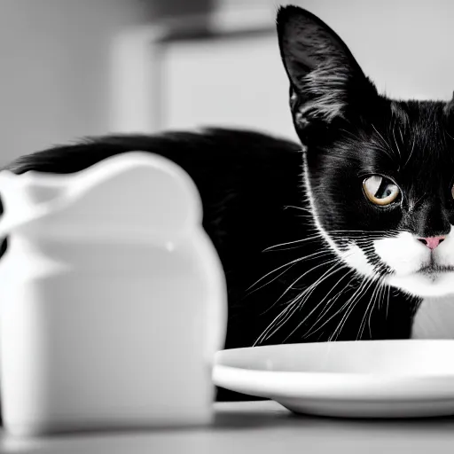 Prompt: black and white cat doing dishes, dslr photo