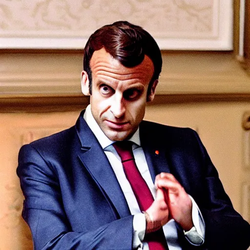 Image similar to Emmanuel Macron enjoying a big cigare, highly realistic details in American Psycho (1999)