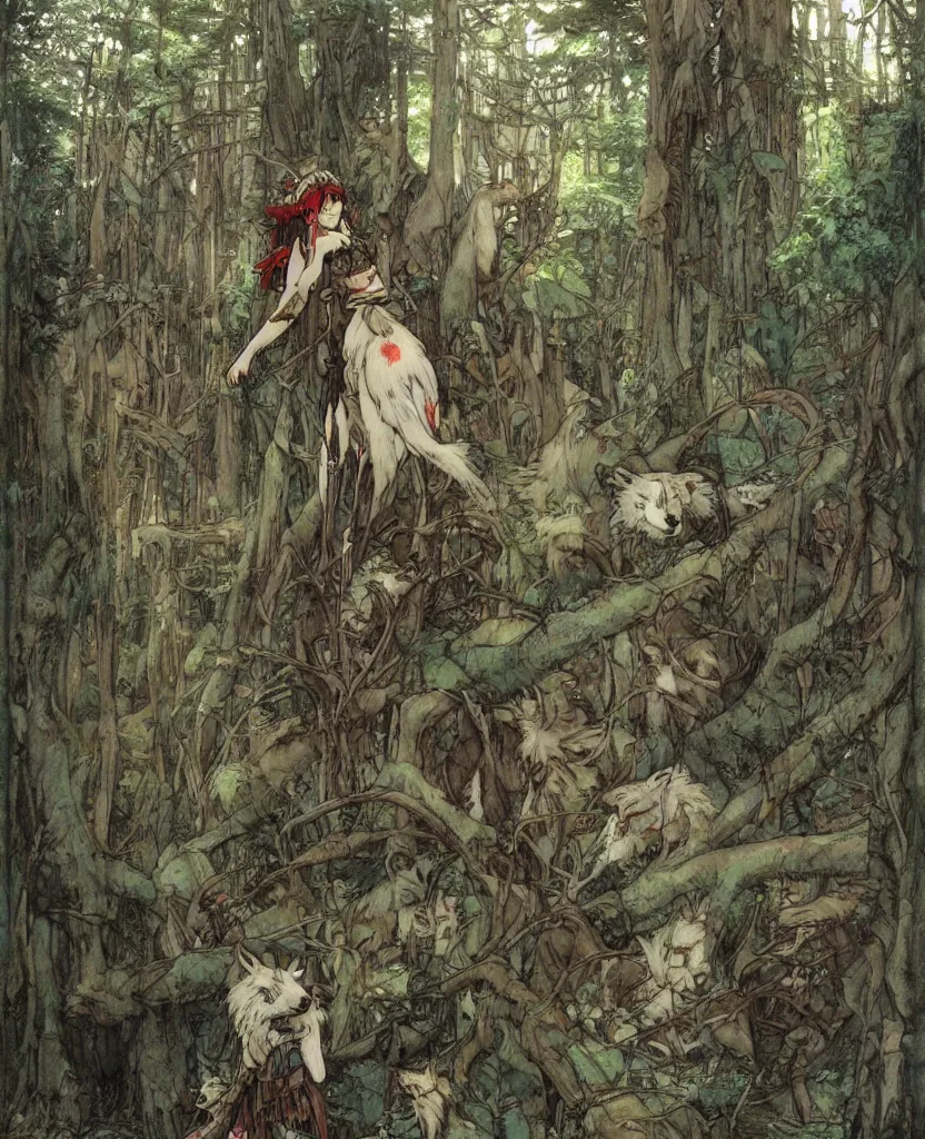 Image similar to Princess Mononoke, single figure, wolves, fully clothed in armor, lush fairy forest, neon, concept art, schematics, studio ghibli, gnarly trees, painted by norman rockwell, mucha, james gurney, high detail, denoised, sharp, architectural