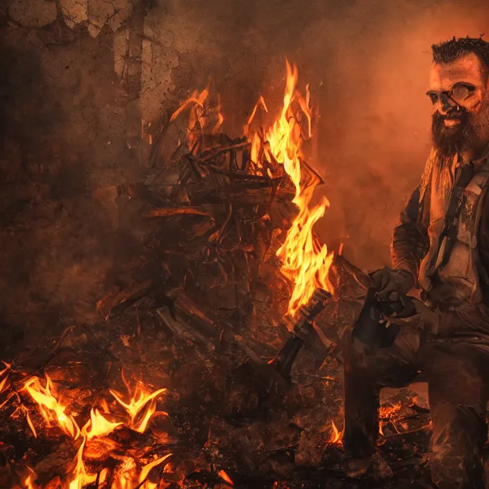 Image similar to gritty apocalyptic man smirking while dumping gas on a camp - fire, octane render, 4 k ultra hd, hyper - detailed, realistic, seedy lighting, sharp focus, fantasy dark art