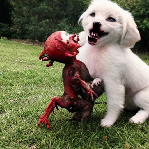 Prompt: a cute friendly zombie playing with a puppy