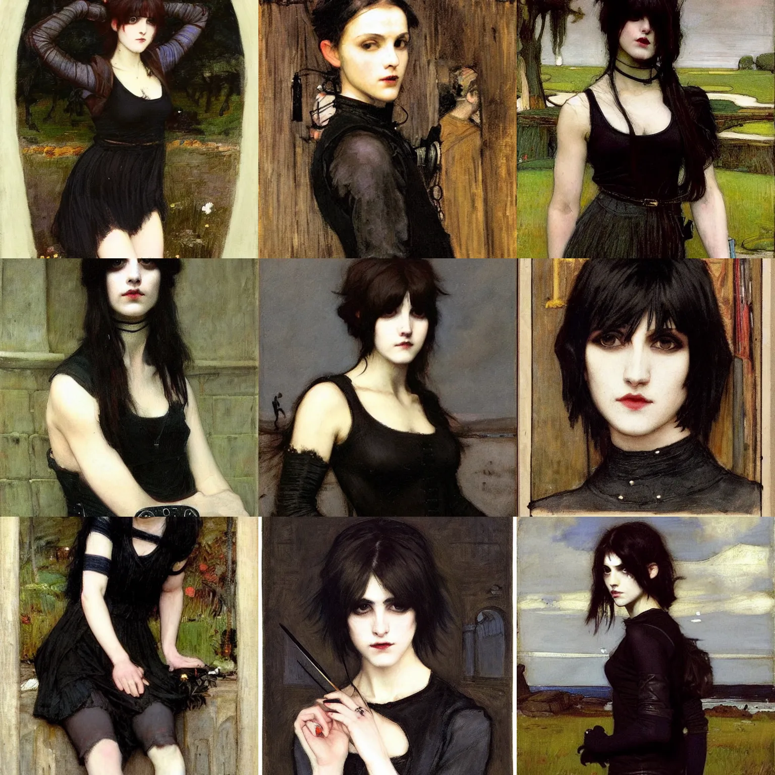 Prompt: A goth painted by John William Waterhouse. Her hair is dark brown and cut into a short, messy pixie cut. She has a slightly rounded face, with a pointed chin, large entirely-black eyes, and a small nose. She is wearing a black tank top, a black leather jacket, a black knee-length skirt, a black choker, and black leather boots.