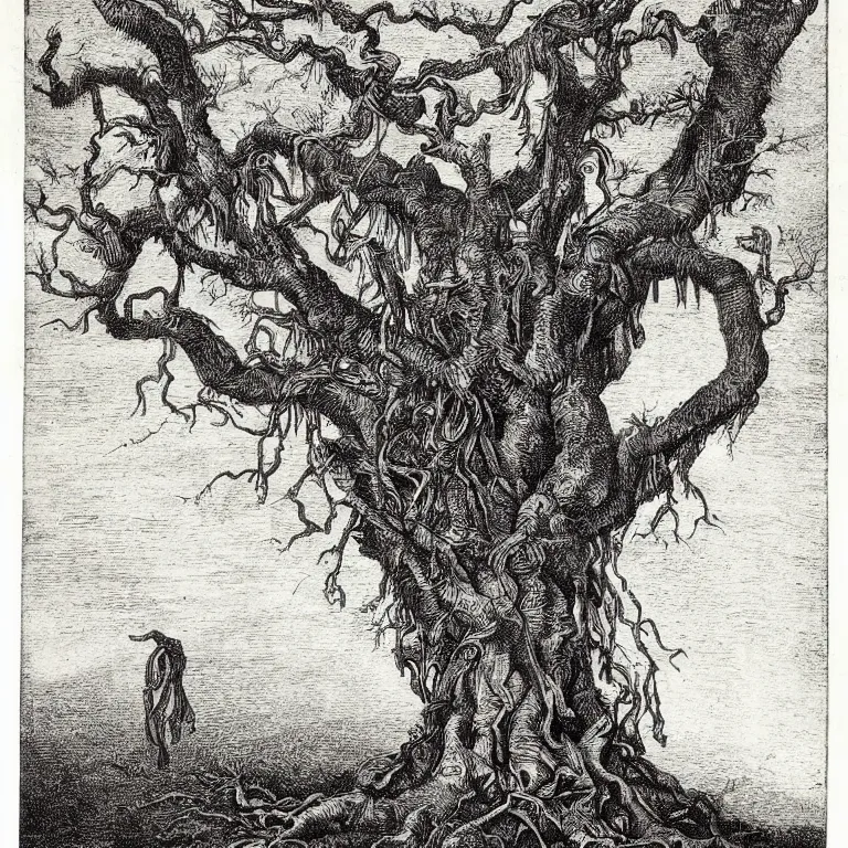 Prompt: etching of a bloody hanged corpse tree by jacques callot, HD very detailed and very precise