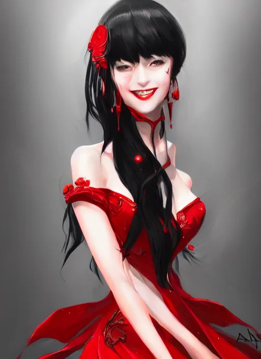 Image similar to a highly detailed illustration of beautiful hime cut black haired tall woman wearing red dress, dramatic smiling pose, intricate, elegant, highly detailed, centered, digital painting, artstation, concept art, smooth, sharp focus, league of legends concept art, wlop