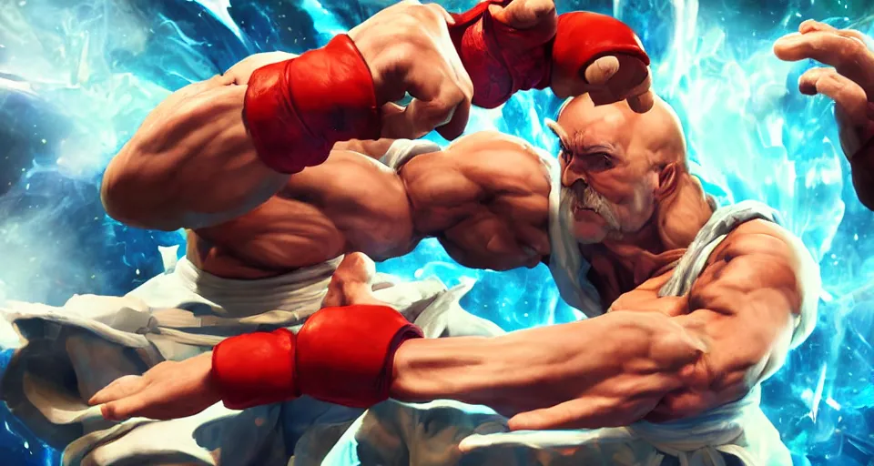 Image similar to Epic dramatic cinematic close-up character shot of a man pit against his mortal enemy in a thumb war for the fate of cosmic reality. Digital art. Street Fighter V game concept art.