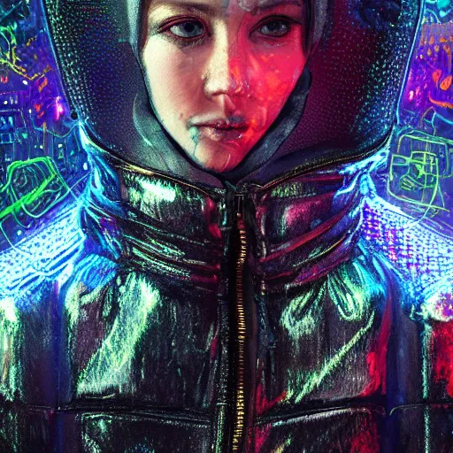 Image similar to detailed portrait of a skilled magic deepdream guardian bimbo cyberpunk futuristic, reflective puffer jacket, black leggings from the back radiating a glowing aura by ismail inceoglu dragan bibin hans thoma, perfect face, fine details, realistic shaded, fine - face, pretty face