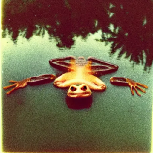 Image similar to semi translucent smiling frog amphibian floating upside down over misty lake in Jesus Christ pose, polaroid shot by Andrei Tarkovsky, paranormal, spiritual, mystical