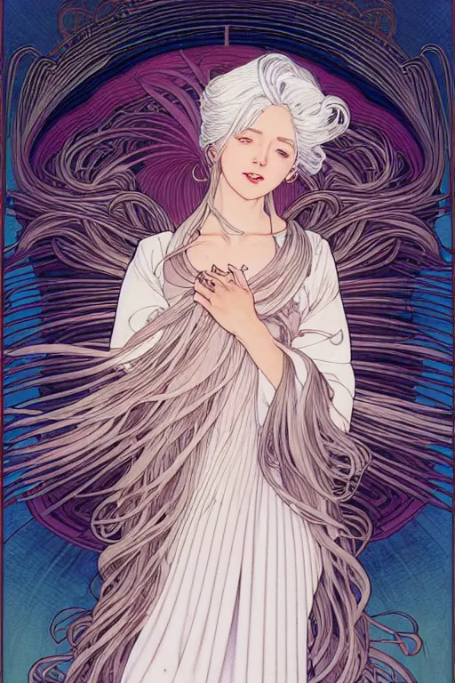 Image similar to magnum opus portrait professional photograph female holding white hair glowing, blush, pleated skirt, flowing hair, slim face, elegant, yukito kishiro, by yoichi hatakenaka, alphonse mucha, masamune shirow, josan gonzales and dan mumford, ayami kojima, takato yamamoto, barclay shaw, karol bak