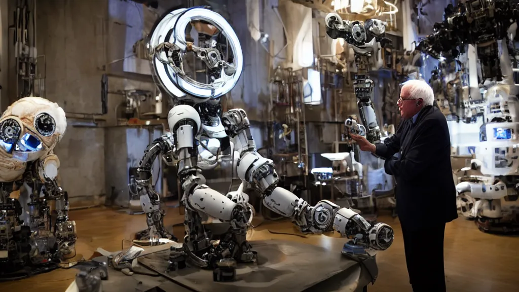 Image similar to bernie sanders putting the finishing touches on a ( ( cute ) ) clockwork doomsday robot, cinematic moody lighting, sharp focus, imax