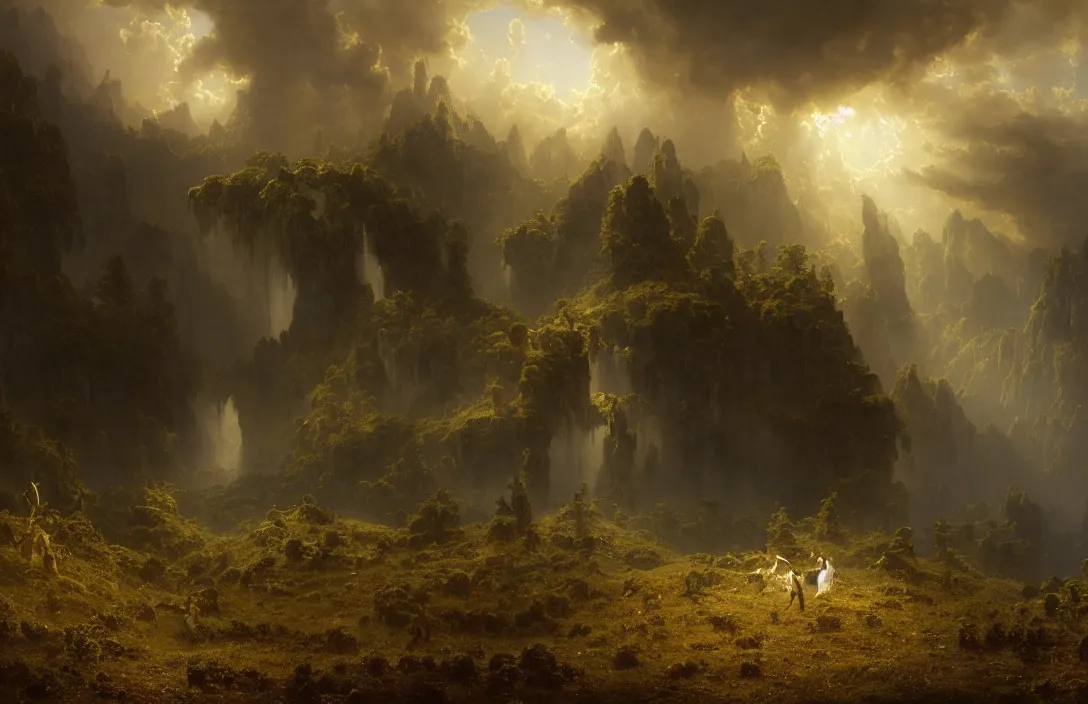 Prompt: albert bierstadt, greg rutkowski, james gurney, dancing angels in phantastic landscape, hyperreal phantastic, intricate details in environment, meeting point, luminance, golden ratio, high aestehtic, cinematic light, dramatic light, godrays, distance, clear atmosphere, photobash, wideangle, bierstadt, hyperreal 4 k