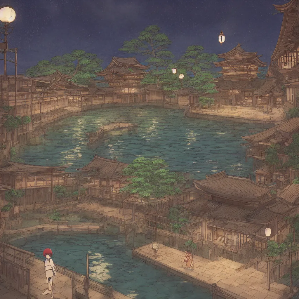 Image similar to Japanese bath house at night (Spirited Away), next to pond, highly detailed, 3D render, digital art, artstation, 8K photography, matte photo-realistic, vivid colors, perspective, by Hayao Ghibli Miyazaki!!!, breath of the wild style