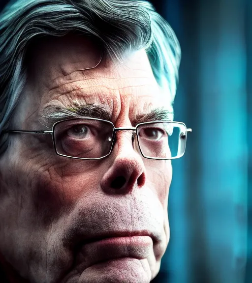 Prompt: hd pro studio photo portrait of stephen king backlit dramatic next to dark tower cinematic closeup technoir synthwave trending on Flickr artstation