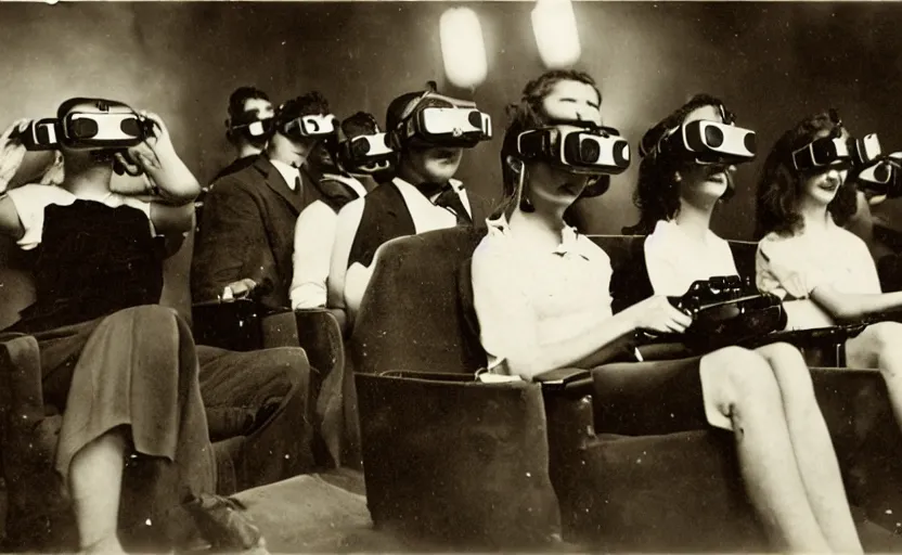 Image similar to 1 9 0 0 s photo of people wearing virtual reality headsets vr in a movie theater masterpiece