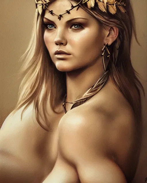 Image similar to realism tattoo sketch of elisha cuthbert as a beautiful greek goddess aphrodite with piercing eyes wearing a laurel wreath and triangle earrings, in the style of greg rutkowski, amazing detail