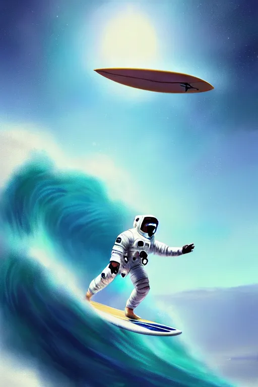 Image similar to a beautiful digital painting of an astronaut in a white space suit surfing the great wave on a surfboard by greg rutkowski, photorealistic, trending on artstation, octane render