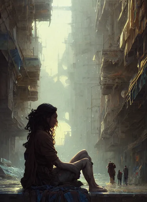 Image similar to Highly detailed portrait of homeless and beaten up Gal Gadot, Stephen Bliss, unreal engine, fantasy art by Greg Rutkowski, Loish, Rhads, ferdinand knab, Makoto Shinkai and Lois van baarle, ilya kuvshinov, rossdraws, Tom Bagshaw, alphonse mucha, global illumination, radiant light, detailed and intricate environment