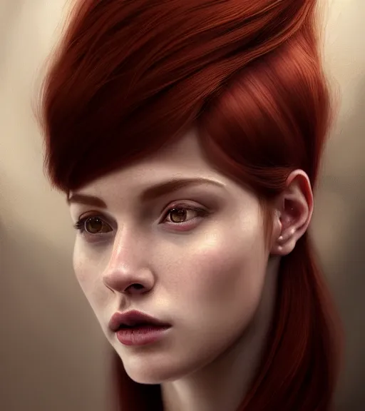 Prompt: portrait of a auburn hair, female, red wine, in heightened detail, poised, writing in journal, detailed facial expression, 8 k, hyperrealistic, detailed surroundings, intricate, elegant, highly detailed, centered, digital painting, cgsociety, concept art, smooth, sharp focus, illustration, by ( ross tran ), wlop