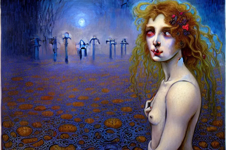 Image similar to realistic detailed portrait painting of a beautiful female zombie, nightly graveyard landscape background by Jean Delville, Amano, Yves Tanguy, Alphonse Mucha, Ernst Haeckel, Edward Robert Hughes, Roger Dean, masterpiece, cinematic composition, dramatic pose, 4k details, rich moody colours, blue eyes