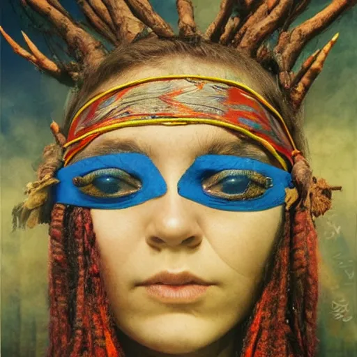Image similar to A young blindfolded shaman woman with a decorated headband from which blood flows, in the style of heilung, blue hair dreadlocks and wood on her head. The background is a forest on fire, made by karol bak and james gurney