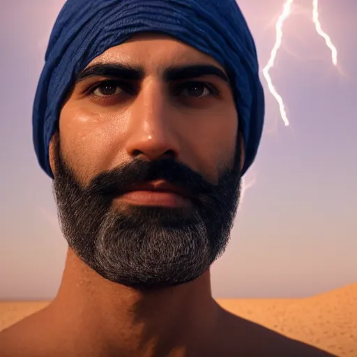 Image similar to real life photo of a Syrian man, bald, full dark beard, blue watery eyes, full round face, short smile, serene desert setting, cinematic lightning, medium shot, mid-shot, highly detailed, trending on artstation, Unreal Engine 4k, 80mm, 85mm, cinematic wallpaper