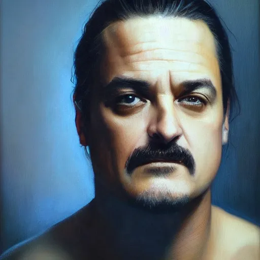 Prompt: stunning serene portrait of Mike Patton of faith no more in style of Mark Arian, oil on canvas, masterpiece, realism, piercing gaze, autumn bokeh