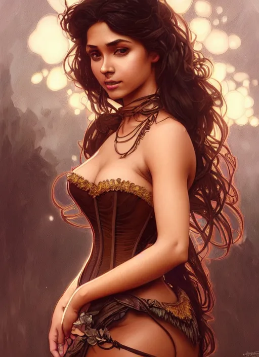 Image similar to cute brown woman wearing a translucent corset dress, fantasy, intricate, highly detailed, digital painting, artstation, concept art, wallpaper, smooth, sharp focus, illustration, art by artgerm and greg rutkowski and alphonse mucha