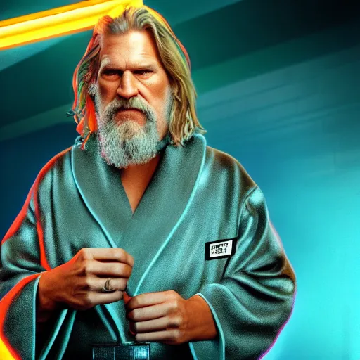 Image similar to dude lebowski dressed in bathrobe played by jeff bridges, stuck in tron realm, photorealistic movie still, detailed 8 k, poster style, high resolution