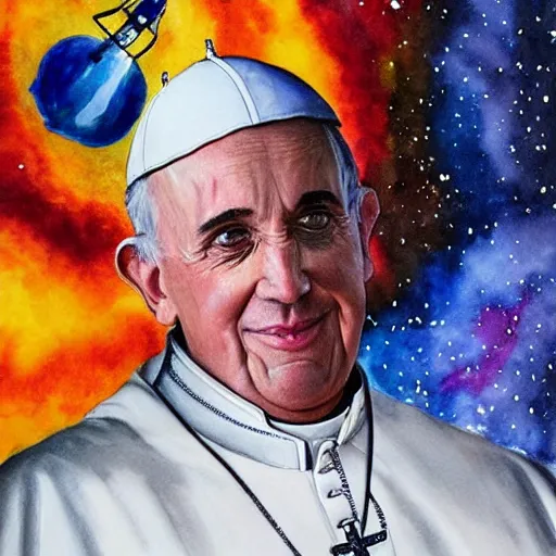 Prompt: pope in space. watercolor. dramatic. amazing painting. formal. beautiful. high resolution. highly realistic. close - up. trending on artstation