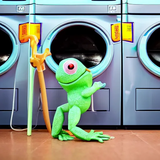 Image similar to plastic toy frog cleaning up the laundromat, pastel colors