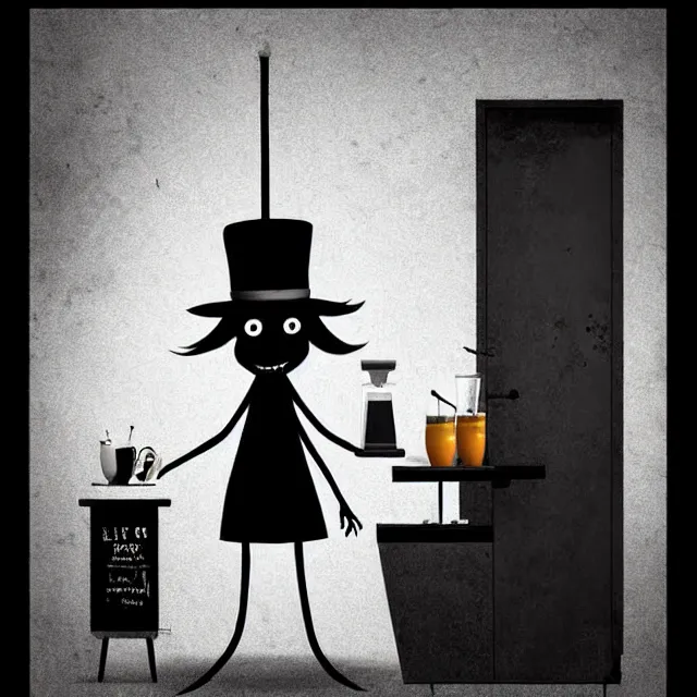 Prompt: epic professional digital art of the Babadook as a depressed barista behind he counter of an old dingy brutalist diner, best on artstation, cgsociety, wlop, Behance, pixiv, astonishing, impressive, outstanding, epic, cinematic, stunning, gorgeous, concept artwork, much detail, much wow, masterpiece.