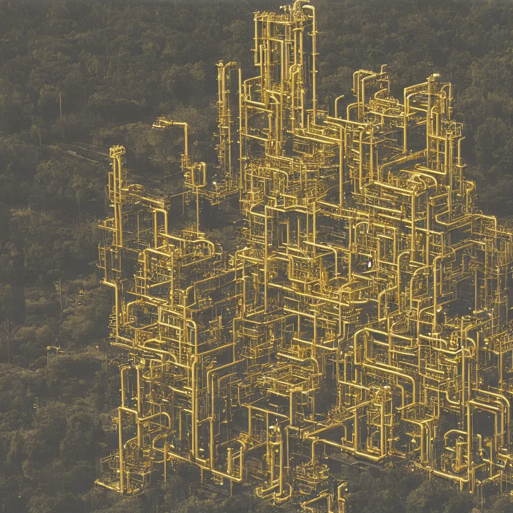 Prompt: 3 5 mm photograph of a futuristic refinery made of gold rising out of a british forest
