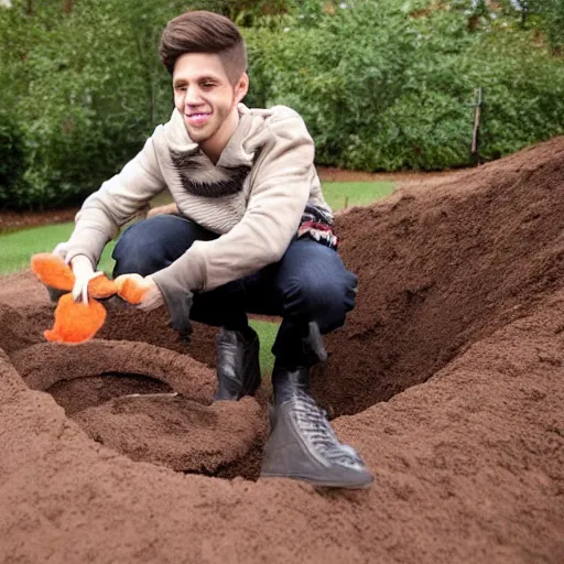 Image similar to pete davidson gleefully pulling a rabbit out of a hole