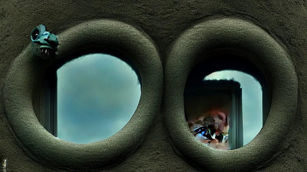 Prompt: a strange creature looks into your window, film still from the movie directed by Denis Villeneuve with art direction by Zdzisław Beksiński, close up, telephoto lens, shallow depth of field